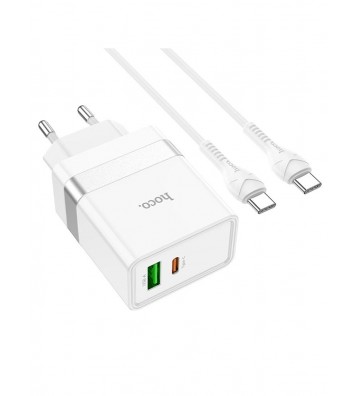 Hoco N21 Topspeed Type-C + USB-A Dual Charger with Type-C to Type-C Cable - White