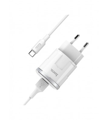 Hoco C37A Thunder Power Single USB Port Charger with Type-C Cable - White